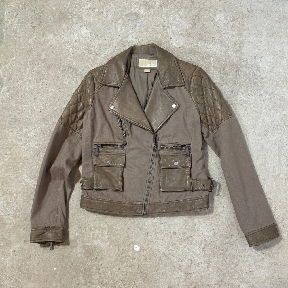 Michael Kors Brown Leather Cotton Moto Jacket Women’s Medium Zippers Pockets